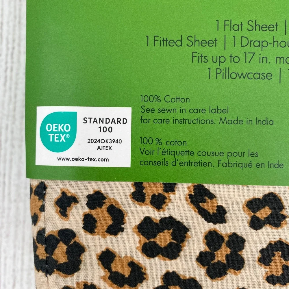 Kate Spade Sheet Set Twin Leopard Floral 100% Cotton Animal Print Cheetah